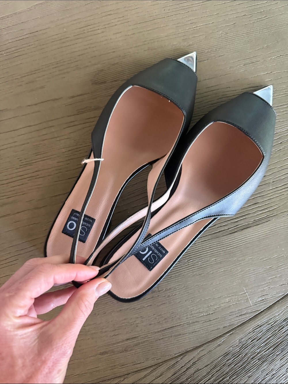 Isabella Lorusso Pointed Slingback Flats in Black with Silver Toe